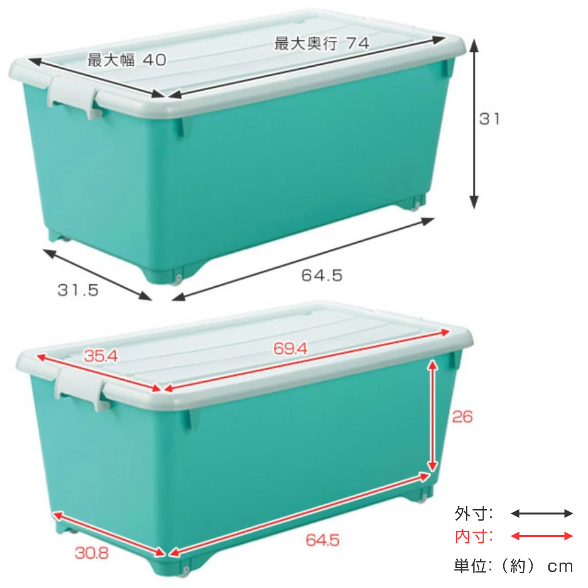 収納ボックス ふた付き 同色2個セット 約 幅40×奥行74×高さ31cm フォーシービビッド ( おもちゃ 収納 収納ケース おもちゃ箱 2個セット 子ども部屋 深型 衣類 衣装ケース スタッキング 積み重ね キャスター付き 押入れ収納 ) 【グリーン】 グリーン