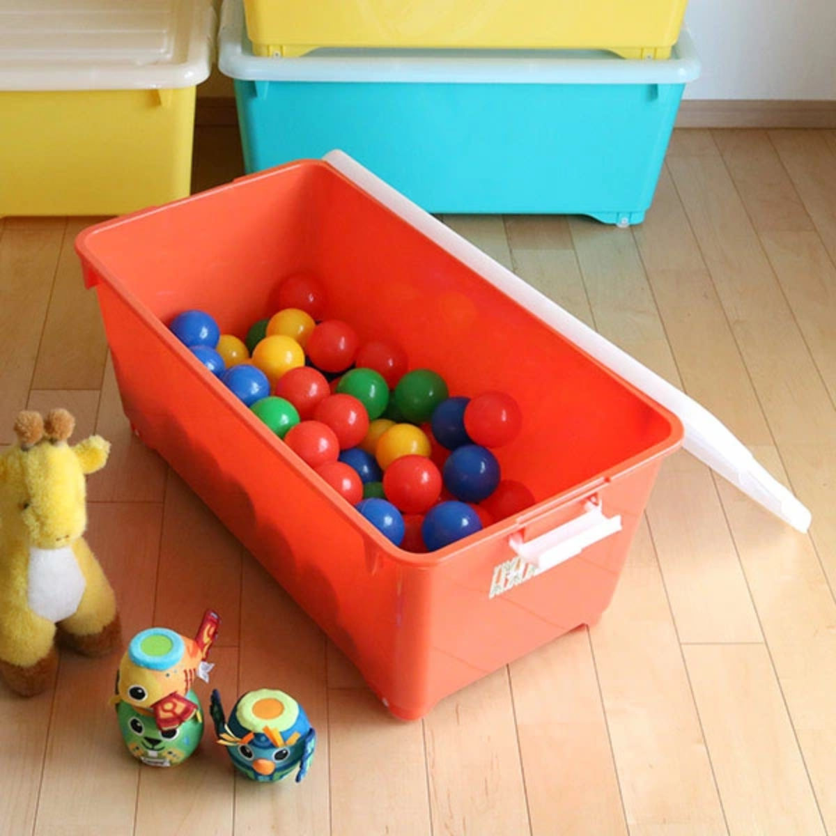 収納ボックス ふた付き 同色2個セット 約 幅40×奥行74×高さ31cm フォーシービビッド ( おもちゃ 収納 収納ケース おもちゃ箱 2個セット 子ども部屋 深型 衣類 衣装ケース スタッキング 積み重ね キャスター付き 押入れ収納 ) 【グリーン】 グリーン