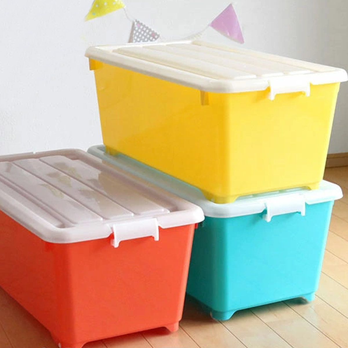 収納ボックス ふた付き 同色2個セット 約 幅40×奥行74×高さ31cm フォーシービビッド ( おもちゃ 収納 収納ケース おもちゃ箱 2個セット 子ども部屋 深型 衣類 衣装ケース スタッキング 積み重ね キャスター付き 押入れ収納 ) 【グリーン】 グリーン