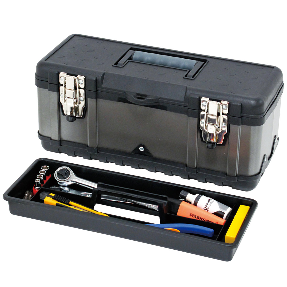 ツールボックス 幅39cm ガンメタ塗装 浅型トレー付き 工具箱 ( 収納ボックス 収納 ボックス ケース 道具箱 頑丈 丈夫 工具入れ 工具ケース トレー付き DIY 用品 道具 アウトドア キャンプ 小物入れ 小物収納 小物ケース )