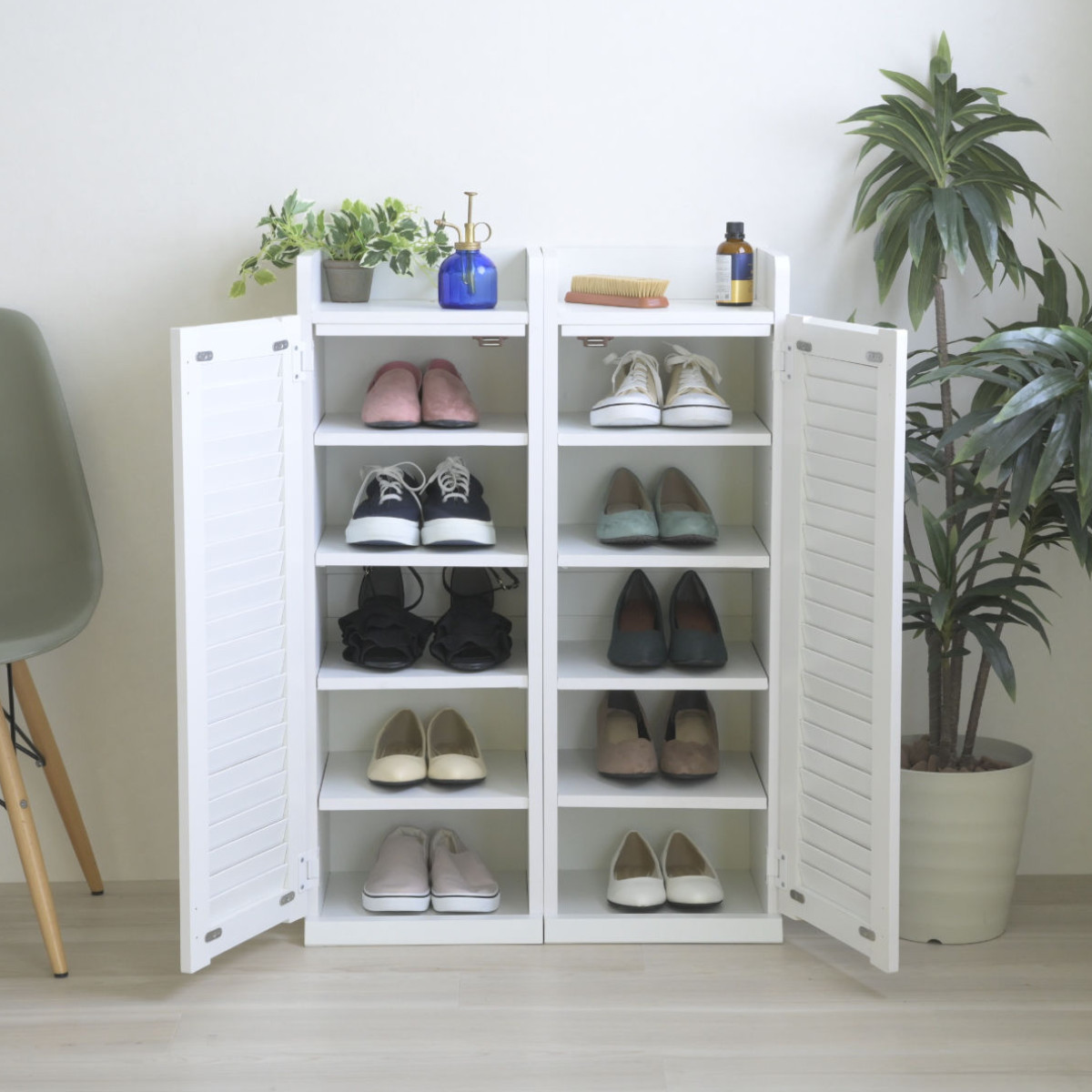 下駄箱 幅31.5cm 2台入り ルーバー 組立品 ( シューズラック シューズボックス 玄関収納 靴箱 靴入れ 靴 収納 シューズ 木製 スリム コンパクト 開き戸 通気性 おしゃれ 高さ調節 幅30 ) 【ダークブラウン】 ダークブラウン