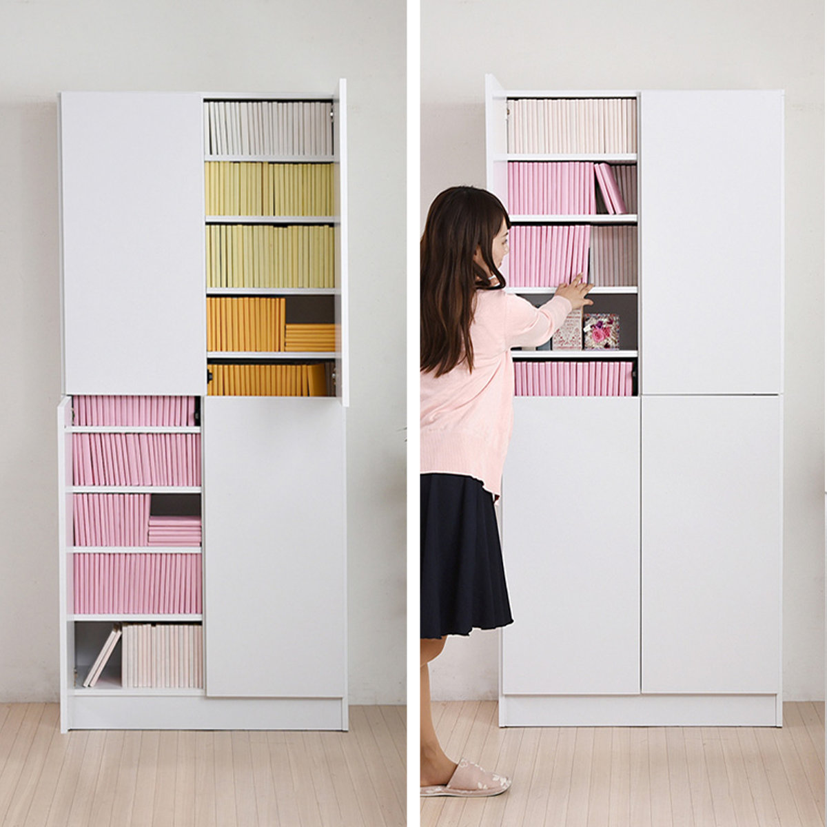 本棚 扉付き 幅81cm 高さ180.5cm 全棚可動 ( ブックシェルフ 1cmピッチ 可動棚 収納 棚 ラック 扉付 シェルフ 深型 家具 コミックラック 大容量 飾り棚 ダークブラウン ホワイト ライトブラウン ) 【ライトブラウン】 ライトブラウン