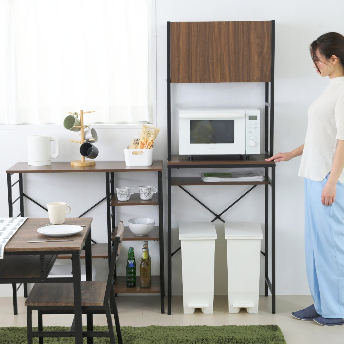 ゴミ箱上ラック 幅63cm メラミン ミドルタイプ ( ゴミ箱上 ラック 高さ170cm 収納 棚 シンプル 家具 ごみ箱上 省スペース 食器収納 家電収納 ブラック×ブラウン ホワイト×ホワイト ) 【ブラック×ブラウン】 ブラック×ブラウン