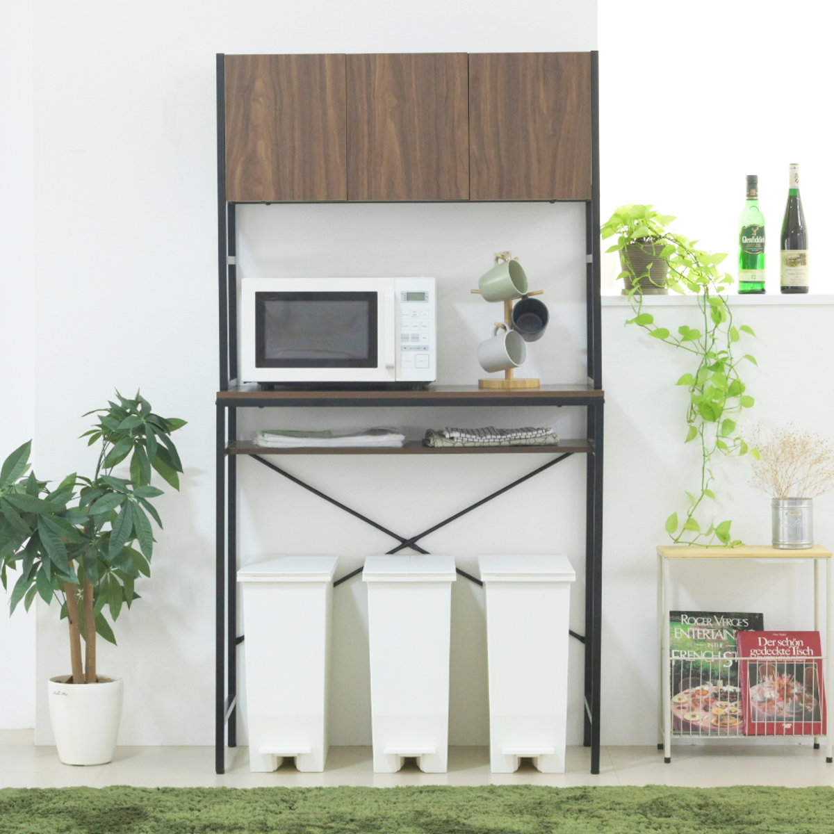 ゴミ箱上ラック 幅92cm メラミン ワイドタイプ ( ゴミ箱上 ラック 高さ170cm 収納 棚 シンプル 家具 ごみ箱上 省スペース 食器収納 家電収納 ブラック×ブラウン ホワイト×ホワイト ) 【ブラック×ブラウン】 ブラック×ブラウン