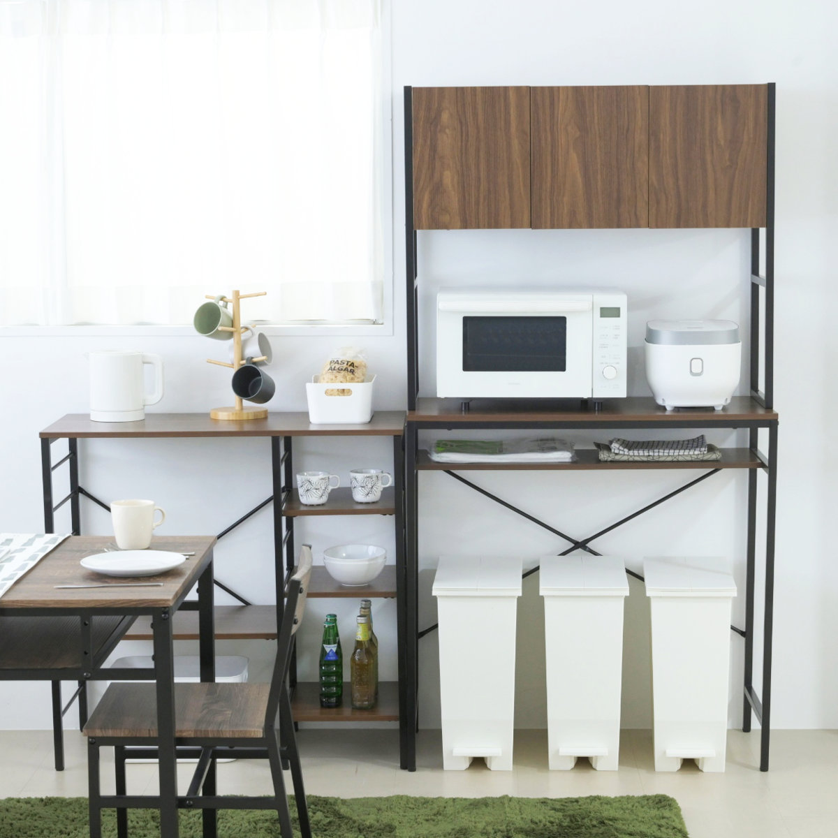 ゴミ箱上ラック 幅92cm メラミン ワイドタイプ ( ゴミ箱上 ラック 高さ170cm 収納 棚 シンプル 家具 ごみ箱上 省スペース 食器収納 家電収納 ブラック×ブラウン ホワイト×ホワイト ) 【ブラック×ブラウン】 ブラック×ブラウン