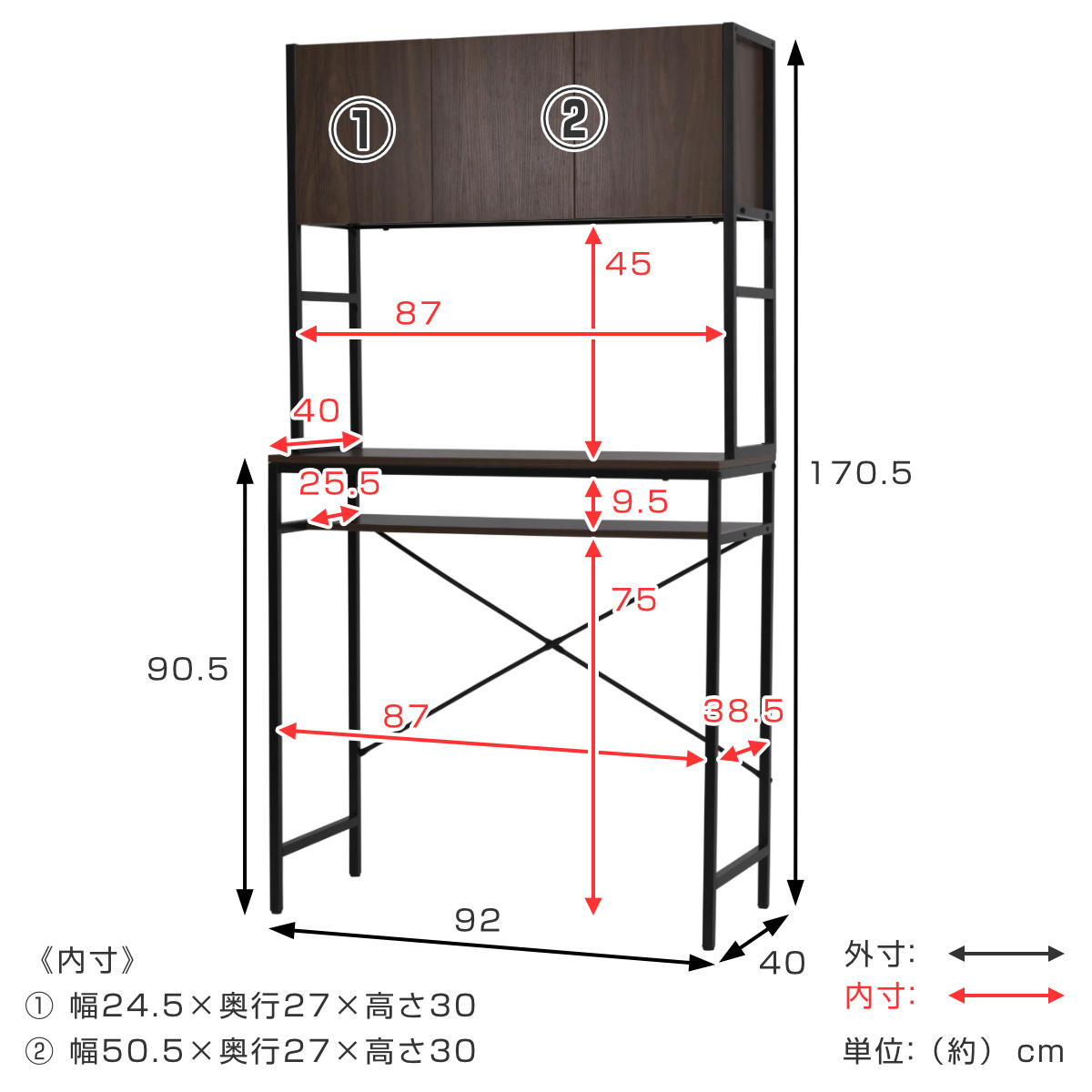 ゴミ箱上ラック 幅92cm メラミン ワイドタイプ ( ゴミ箱上 ラック 高さ170cm 収納 棚 シンプル 家具 ごみ箱上 省スペース 食器収納 家電収納 ブラック×ブラウン ホワイト×ホワイト ) 【ブラック×ブラウン】 ブラック×ブラウン