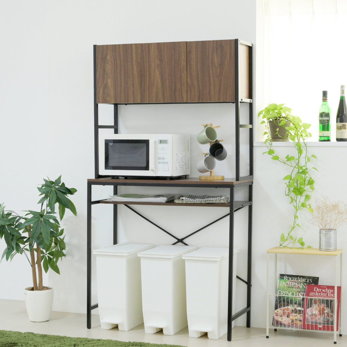 ゴミ箱上ラック 幅92cm メラミン ワイドタイプ ( ゴミ箱上 ラック 高さ170cm 収納 棚 シンプル 家具 ごみ箱上 省スペース 食器収納 家電収納 ブラック×ブラウン ホワイト×ホワイト ) 【ブラック×ブラウン】 ブラック×ブラウン