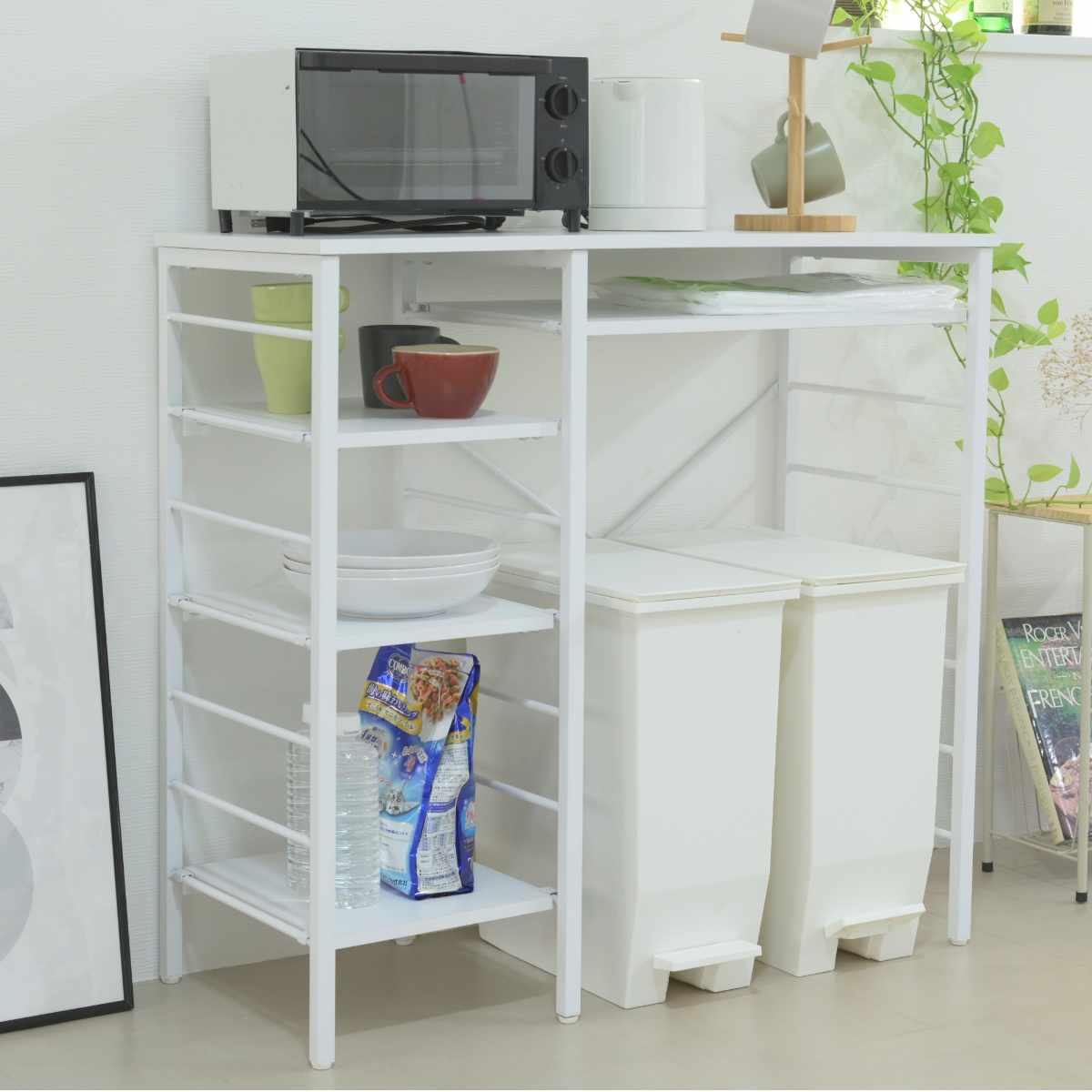 ゴミ箱上 キッチンカウンター 幅90cm 左右組み替え 耐荷重45kg メラミン ( ゴミ箱上ラック ラック 棚 カウンター 収納 家具 ごみ箱上 省スペース 食器収納 家電収納 ブラック×ブラウン ホワイト×ホワイト ) 【ブラック×ブラウン】 ブラック×ブラウン