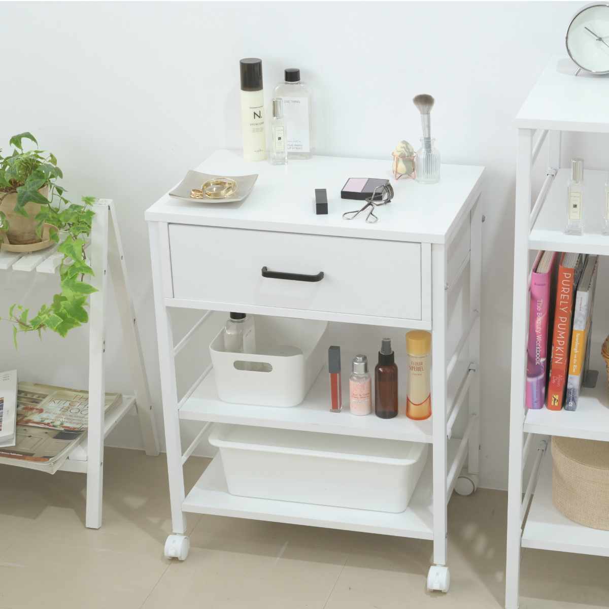 キッチンワゴン 幅50.5cm キャスター付き スリム 作業台 メラミン ( ワゴン キッチン収納 サイドワゴン 棚 家具 キャスター 可動棚 ブラック×ブラウン ホワイト×ホワイト ) 【ブラック×ブラウン】 ブラック×ブラウン