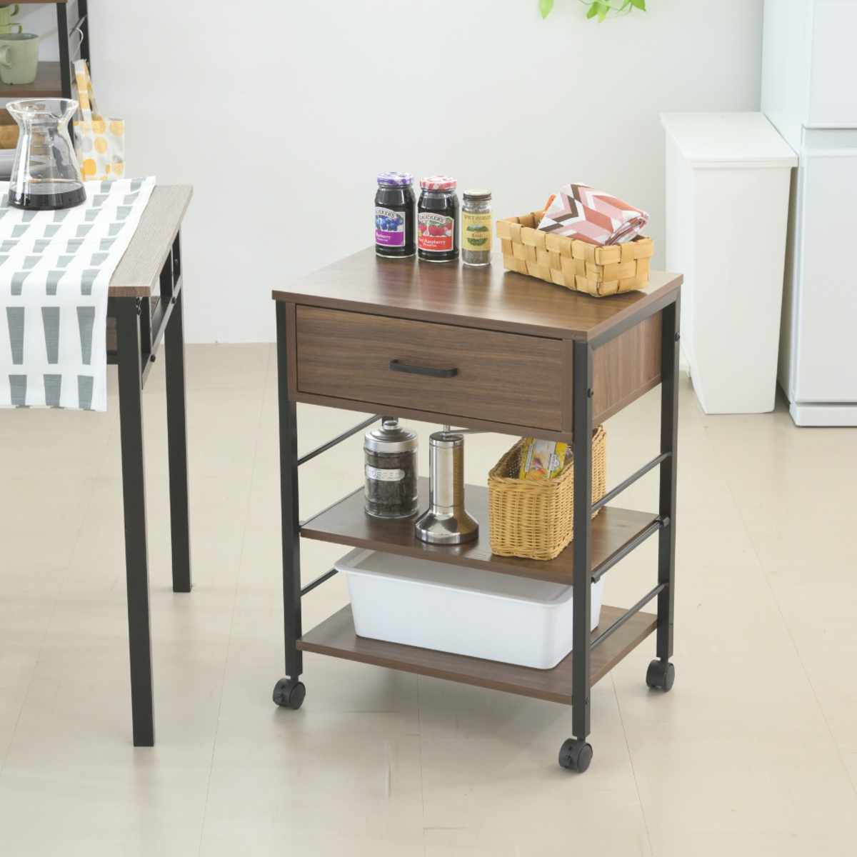 キッチンワゴン 幅50.5cm キャスター付き スリム 作業台 メラミン ( ワゴン キッチン収納 サイドワゴン 棚 家具 キャスター 可動棚 ブラック×ブラウン ホワイト×ホワイト ) 【ブラック×ブラウン】 ブラック×ブラウン