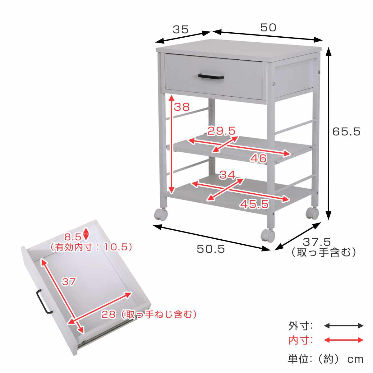 キッチンワゴン 幅50.5cm キャスター付き スリム 作業台 メラミン ( ワゴン キッチン収納 サイドワゴン 棚 家具 キャスター 可動棚 ブラック×ブラウン ホワイト×ホワイト ) 【ブラック×ブラウン】 ブラック×ブラウン