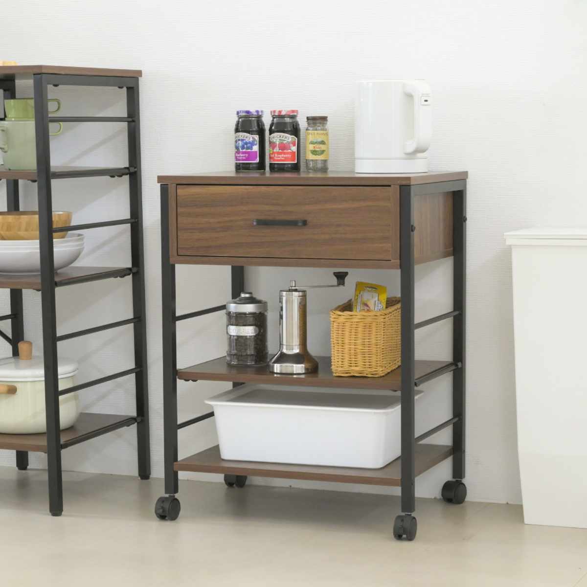 キッチンワゴン 幅50.5cm キャスター付き スリム 作業台 メラミン ( ワゴン キッチン収納 サイドワゴン 棚 家具 キャスター 可動棚 ブラック×ブラウン ホワイト×ホワイト ) 【ブラック×ブラウン】 ブラック×ブラウン