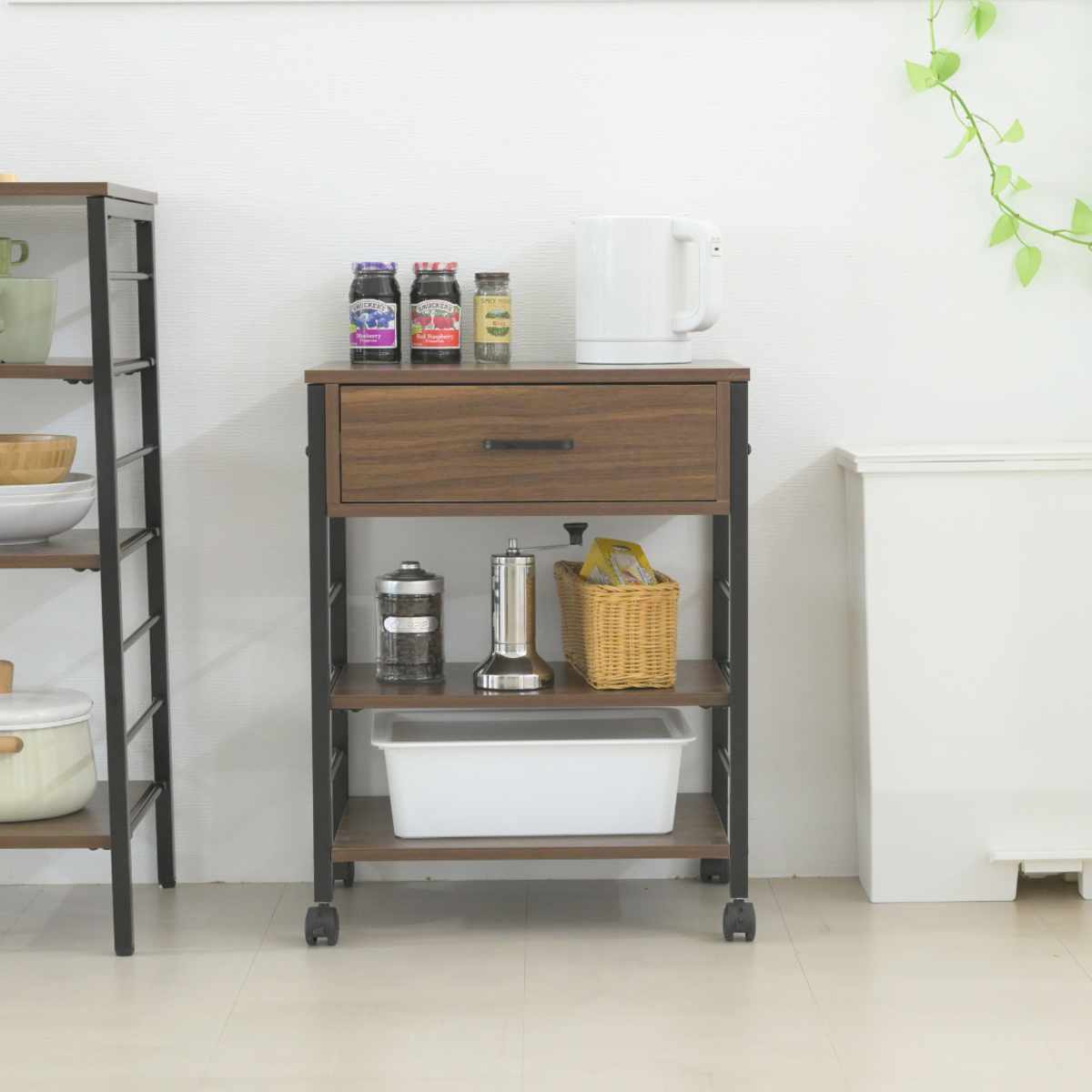 キッチンワゴン 幅50.5cm キャスター付き スリム 作業台 メラミン ( ワゴン キッチン収納 サイドワゴン 棚 家具 キャスター 可動棚 ブラック×ブラウン ホワイト×ホワイト ) 【ブラック×ブラウン】 ブラック×ブラウン