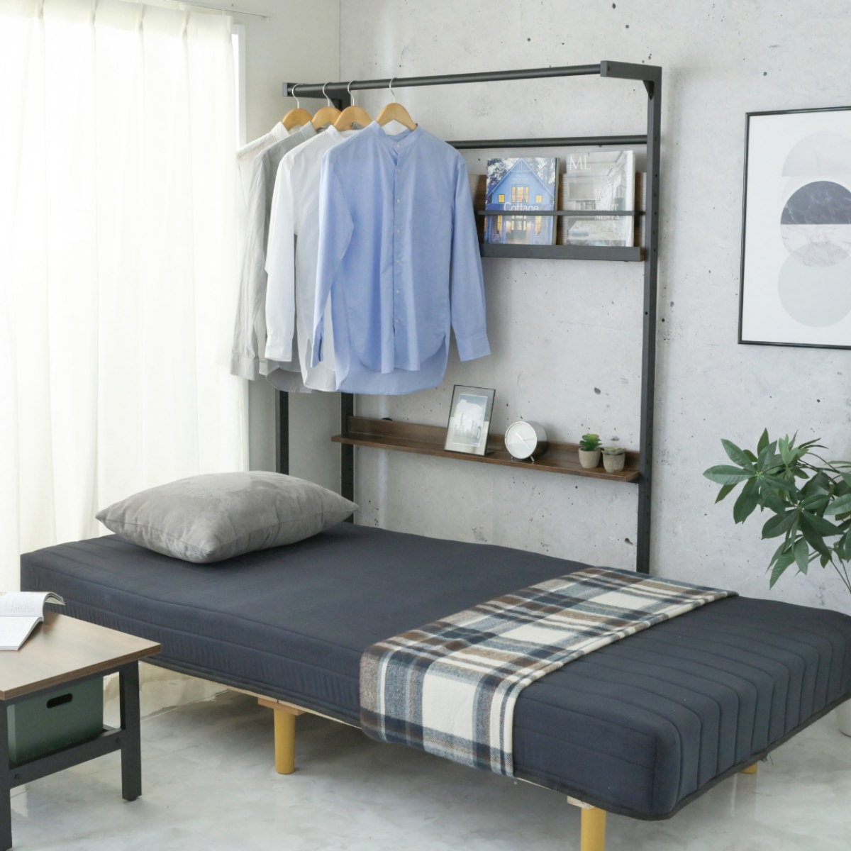 ベッド上 ハンガーラック 幅110cm ヘッドボード ( 衣類収納 棚 ラック ハンガー 後付け ベッドサイド ポールハンガー コート掛け ディスプレイ 飾り棚 マガジンラック 収納 家具 )