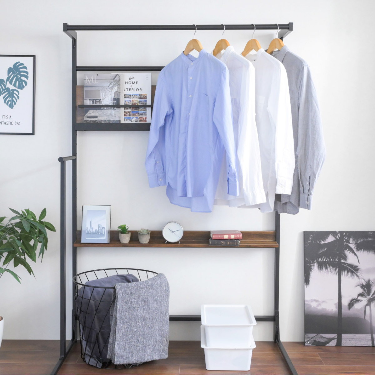 ベッド上 ハンガーラック 幅110cm ヘッドボード ( 衣類収納 棚 ラック ハンガー 後付け ベッドサイド ポールハンガー コート掛け ディスプレイ 飾り棚 マガジンラック 収納 家具 )