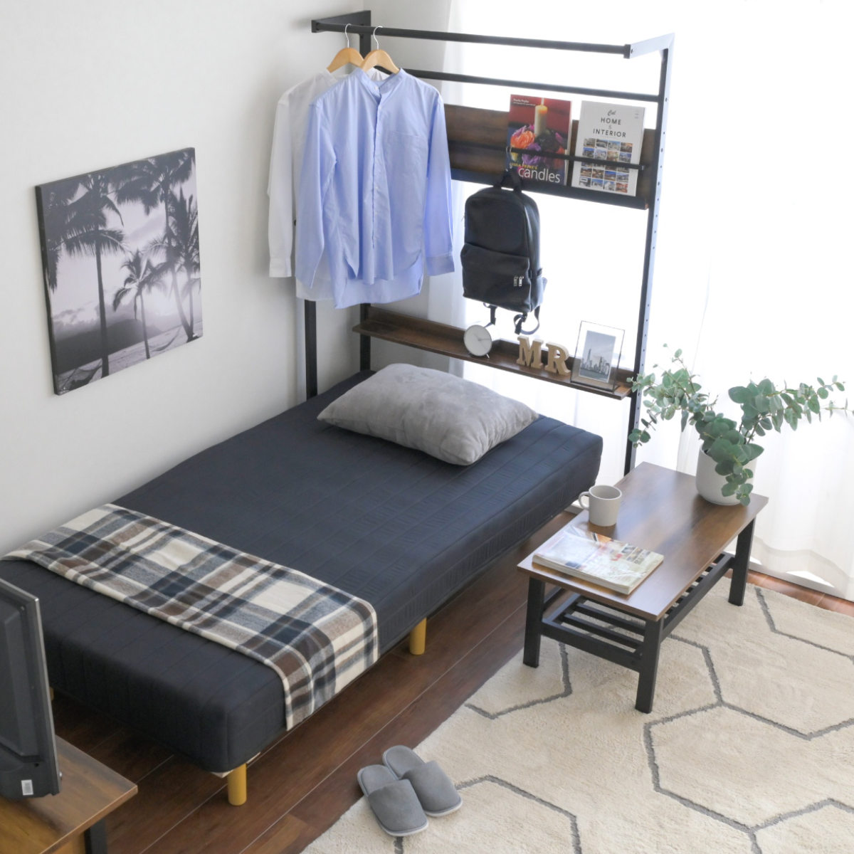 ベッド上 ハンガーラック 幅110cm ヘッドボード ( 衣類収納 棚 ラック ハンガー 後付け ベッドサイド ポールハンガー コート掛け ディスプレイ 飾り棚 マガジンラック 収納 家具 )