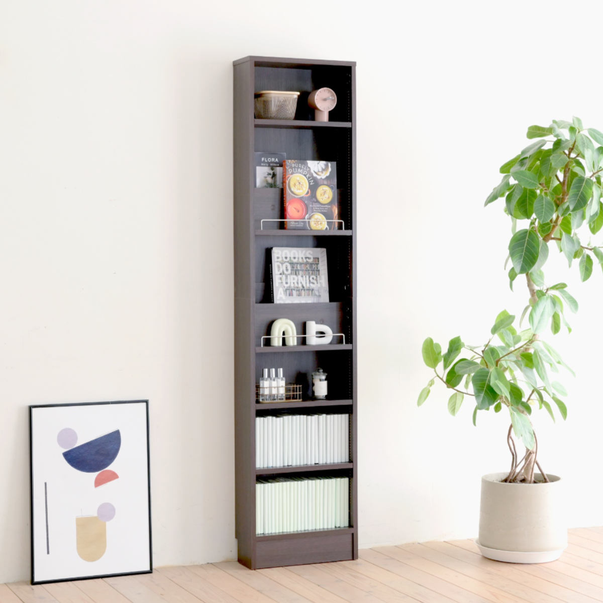 本棚 幅41.5cm 1cmピッチ ディスプレイラック スリム 薄型 オープン棚 ( ラック 棚 1cm刻み 可動棚 奥行スリム 飾り棚 ディスプレイ 雑誌 壁面 大容量 ダークブラウン ホワイト ライトブラウン ) 【ライトブラウン】 ライトブラウン