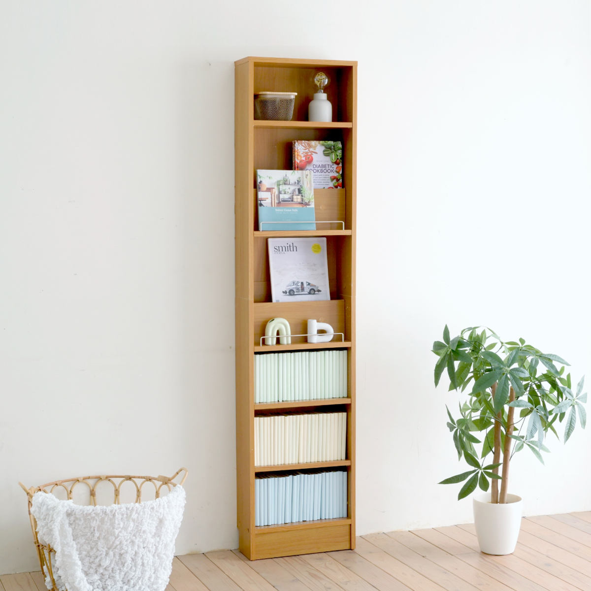 本棚 幅41.5cm 1cmピッチ ディスプレイラック スリム 薄型 オープン棚 ( ラック 棚 1cm刻み 可動棚 奥行スリム 飾り棚 ディスプレイ 雑誌 壁面 大容量 ダークブラウン ホワイト ライトブラウン ) 【ライトブラウン】 ライトブラウン