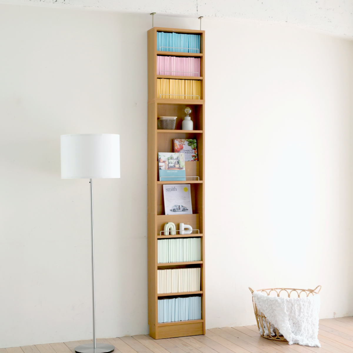 本棚 幅41.5cm 上置きセット 1cmピッチ ディスプレイラック スリム 薄型 オープン棚 ( ラック 棚 1cm刻み 可動棚 奥行スリム 上置き棚 飾り棚 ディスプレイ 雑誌 壁面 大容量 ダークブラウン ホワイト ライトブラウン ) 【ホワイト】 ホワイト