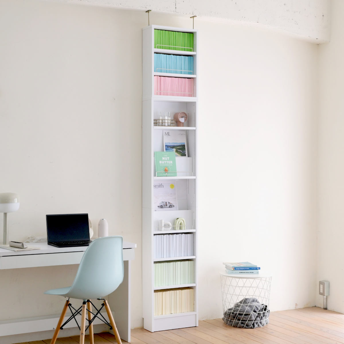 本棚 幅41.5cm 上置きセット 1cmピッチ ディスプレイラック スリム 薄型 オープン棚 ( ラック 棚 1cm刻み 可動棚 奥行スリム 上置き棚 飾り棚 ディスプレイ 雑誌 壁面 大容量 ダークブラウン ホワイト ライトブラウン ) 【ホワイト】 ホワイト