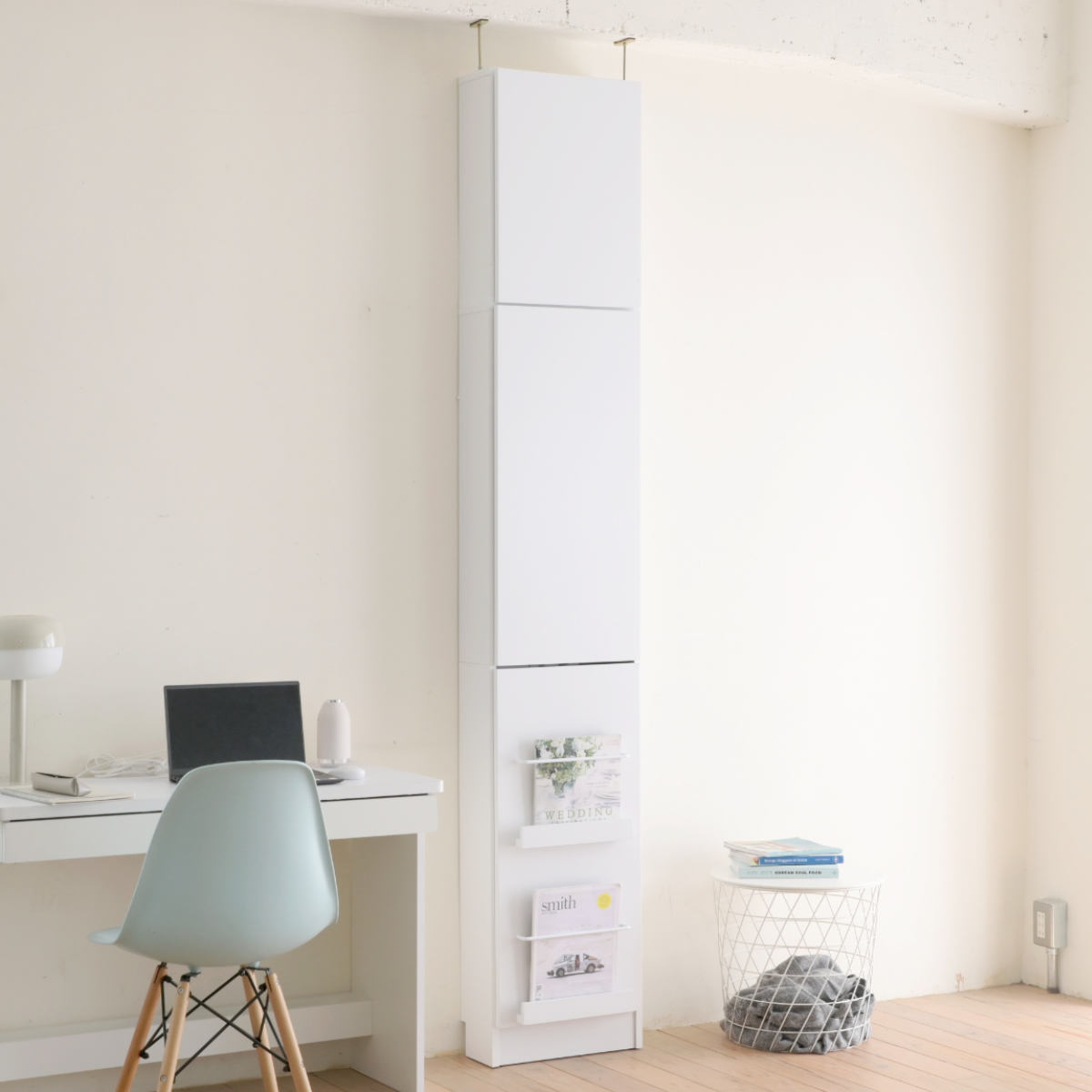 本棚 幅41.5cm 上置きセット 1cmピッチ ディスプレイラック スリム 薄型 扉付棚 ( ラック 棚 1cm刻み 可動棚 奥行スリム 上置き棚 飾り棚 ディスプレイ 雑誌 壁面 大容量 ダークブラウン ホワイト ライトブラウン ) 【ホワイト】 ホワイト