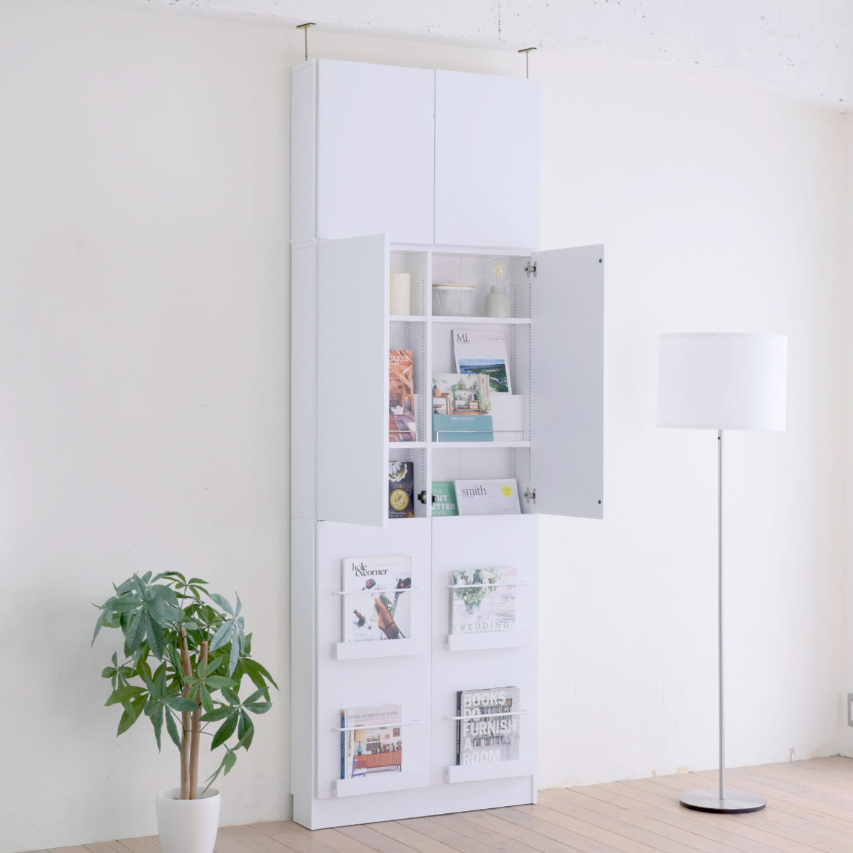 本棚 幅81cm 上置きセット 1cmピッチ ディスプレイラック スリム 薄型 扉付棚 ( ラック 棚 1cm刻み 可動棚 奥行スリム 上置き棚 飾り棚 ディスプレイ 雑誌 壁面 大容量 ダークブラウン ホワイト ライトブラウン ) 【ダークブラウン】 ダークブラウン