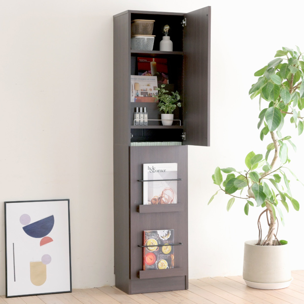 本棚 幅41.5cm 1cmピッチ ディスプレイラック スリム A4対応 扉付棚 ( ラック 棚 1cm刻み 可動棚 A4ファイル 扉付き 飾り棚 ディスプレイ 雑誌 壁面 大容量 ダークブラウン ホワイト ライトブラウン ) 【ライトブラウン】 ライトブラウン