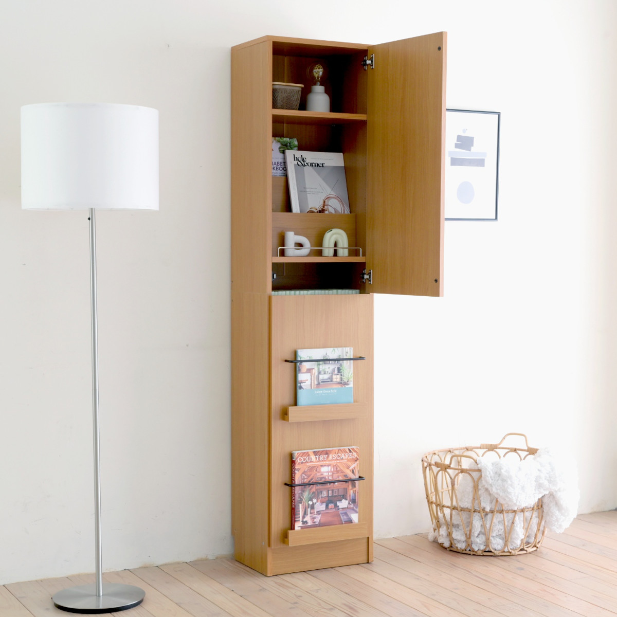 本棚 幅41.5cm 1cmピッチ ディスプレイラック スリム A4対応 扉付棚 ( ラック 棚 1cm刻み 可動棚 A4ファイル 扉付き 飾り棚 ディスプレイ 雑誌 壁面 大容量 ダークブラウン ホワイト ライトブラウン ) 【ライトブラウン】 ライトブラウン