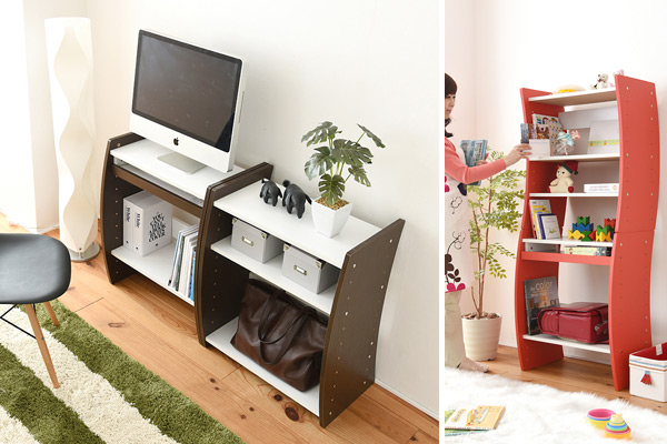 パソコンデスク 4WAY 積み重ね式 ウェービー 幅60cm ( デスク ラック レイアウト自由 収納棚 棚 PCデスク ハイデスク ローデスク 縦置き 横置き スリム スライド棚 机 つくえ 高さ調節 学習机 ユニットデスク セパレート可 ) 【ホワイト×ダークブラウン】 ホワイト×ダークブラウン