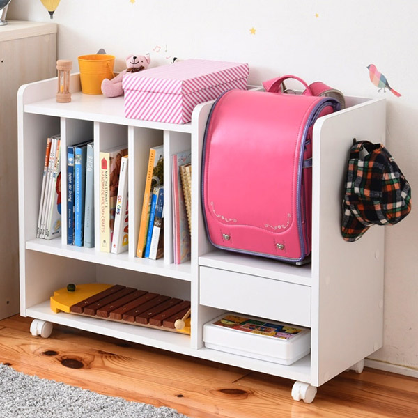ランドセルラック 幅82cm キャスター付き 木製 カウンター下収納 ( ランドセル収納 ランドセル置き サイドワゴン A4サイズ 引き出し 本棚 子ども 収納棚 ランドセル ワゴン キッズラック お片づけラック ラック 収納 キッズ家具 ) 【ホワイト】 ホワイト