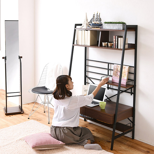 パソコンデスク 幅91cm 2WAY 高さ調節 ハイタイプ ロータイプ ( スリム 勉強机 学習机 デスク 座卓 パソコン リビング 机 ハイデスク ローデスク スチール 上部収納 収納 本棚付き ワーキングデスク ワークデスク つくえ )