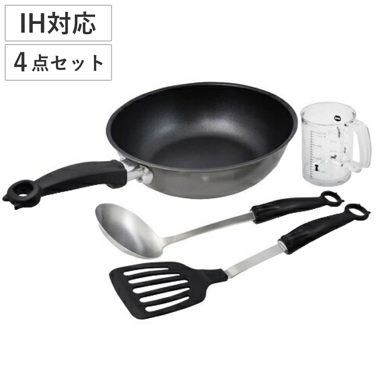フライパン 計量カップ お玉 ターナー 4点セット Nyammy 日本製 貝印 ( IH対応 ガス火対応 調理器具 セット レードル フライ返し アルミフライパン 25.3cm ふっ素加工 アルミ製 軽量 軽い ビーター メジャーカップ ねこ 可愛い )