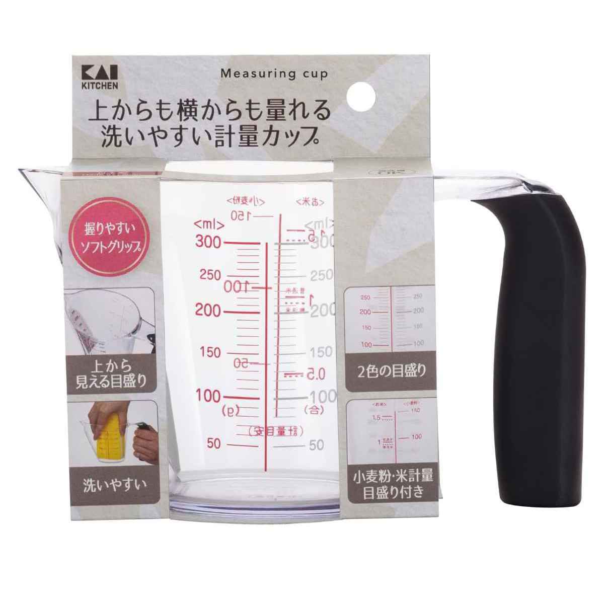 計量カップ 300ml 上から量れる洗いやすい計量カップ 貝印 ( メジャーカップ 取っ手付き 計量器具 料理用 食洗機対応 目盛り付き 目盛りが見やすい 液体 計量 調味料 水 お米 300ML )