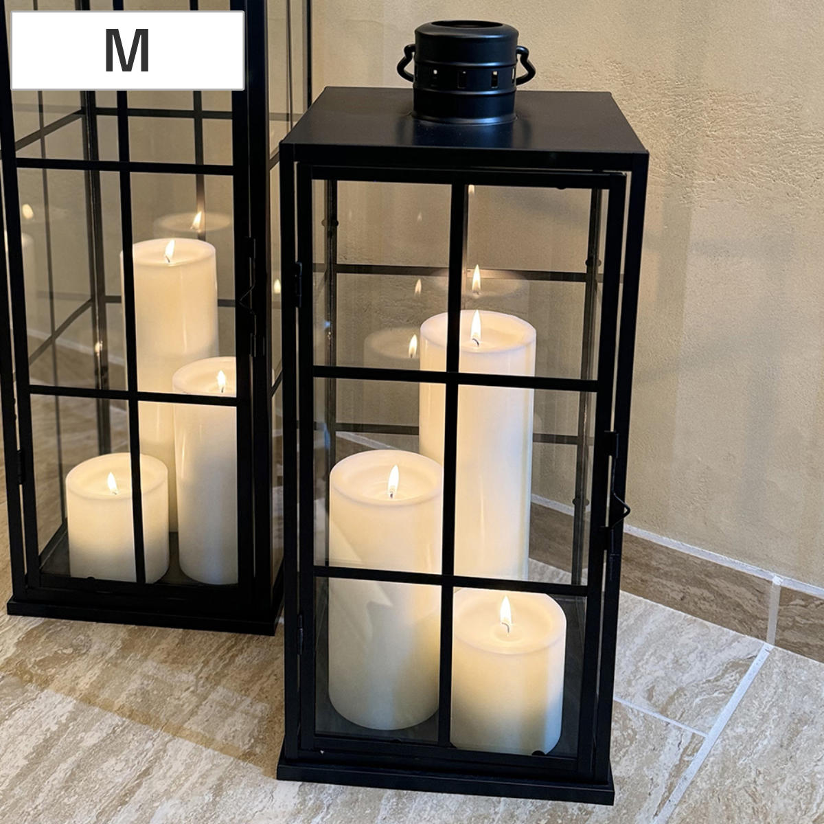ディスプレイケース グリッドランタン M ガラス キャンドル ( 大型ランタン インテリア キャンドルランタン ガラス製 癒し おしゃれ インテリア雑貨 玄関 リビング ハンドル付き ブラック ディスプレイ )