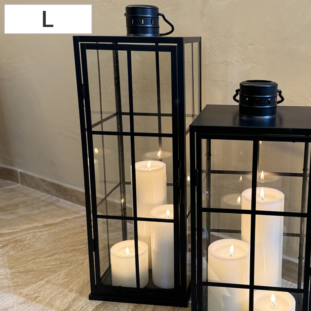 ディスプレイケース グリッドランタン L ガラス キャンドル （ 大型ランタン インテリア キャンドルランタン ガラス製 癒し おしゃれ インテリア雑貨 玄関 リビング ハンドル付き ブラック ディスプレイ ）