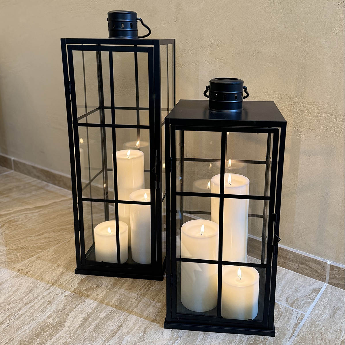 ディスプレイケース グリッドランタン L ガラス キャンドル ( 大型ランタン インテリア キャンドルランタン ガラス製 癒し おしゃれ インテリア雑貨 玄関 リビング ハンドル付き ブラック ディスプレイ )