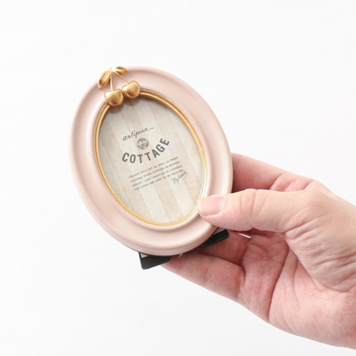 フォトフレーム チェリーオーバルフォトフレーム レジン ( 写真立て フォトスタンド 写真 フレーム ミニ 小さめ さくらんぼ 幅9cm 楕円形 アンティーク加工 チェリーフレーム 手のひらサイズ 壁掛け 置き型 ウエディングフォト ) 【クリーム】 クリーム