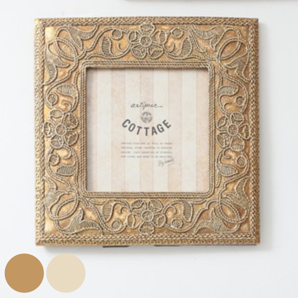 フォトフレーム 草花スクエアフォトフレーム レジン ( 写真立て フォトスタンド 写真 フレーム ましかく 正方形 刺繍風 かわいい アンティーク調 ましかくプリント 壁掛け 置き型 ウエディングフォト ) 【ゴールド】