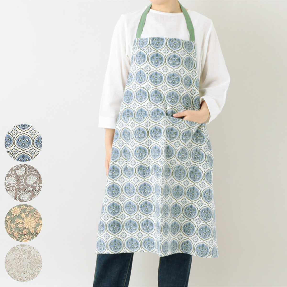 エプロン ブロックプリント 総柄 綿100％ （ キッチンエプロン 胸当てエプロン ポケット付き 肩ひも 首掛け型 ビブエプロン 台所エプロン 大人用 コットン 綿 おしゃれ かわいい 腰ひも ハンドメイド DIY レディース ） 【グレー】
