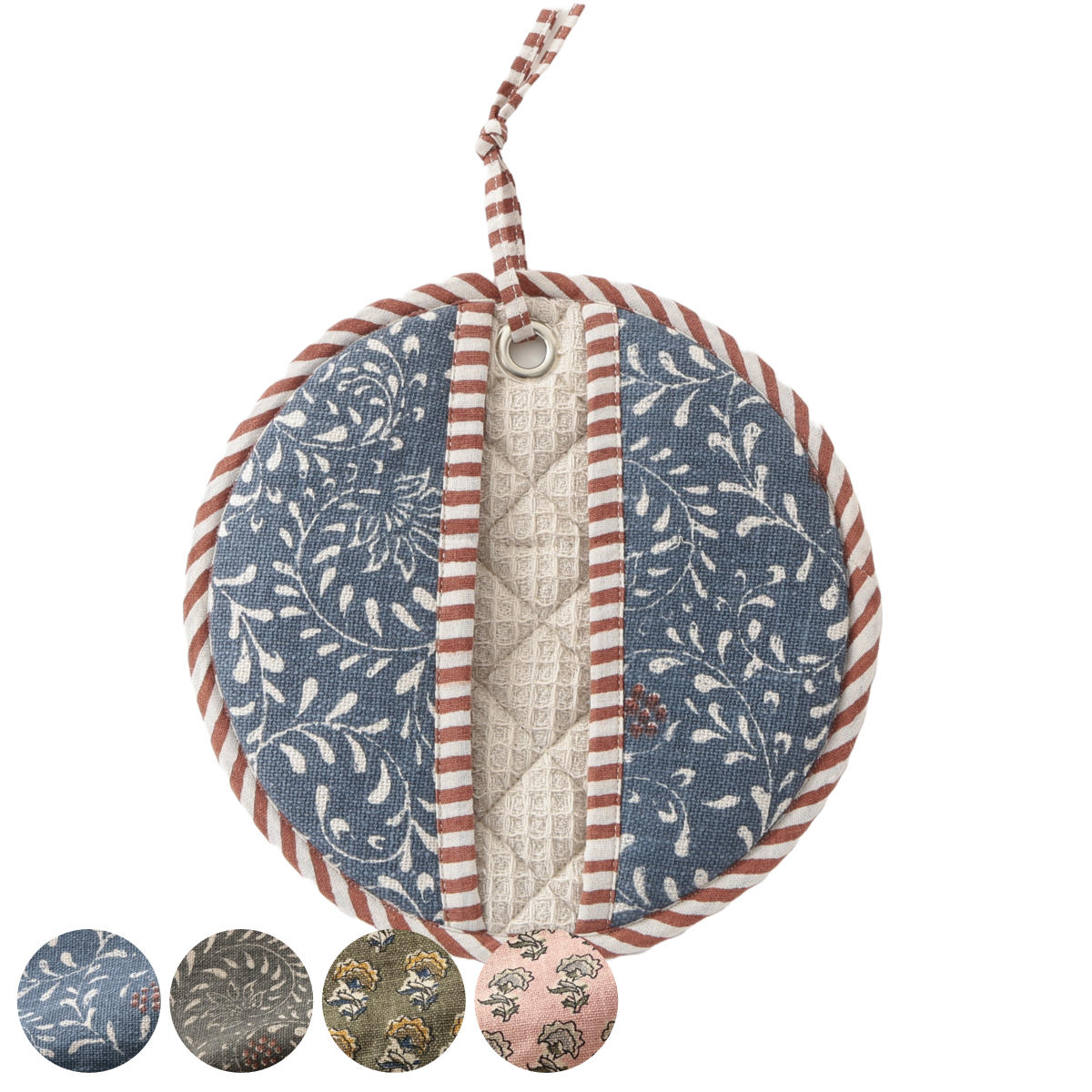 鍋掴み スラブコットンプリント ラウンド ミトン （ 鍋つかみ 綿100％ 鍋しき キッチンミトン オーブンミット レンジミトン キッチングローブ ブロックプリント調 なべつかみ 鍋蓋つかみ なべしき 鍋敷 左右兼用 丸型 ハート型 ） 【カーキ】