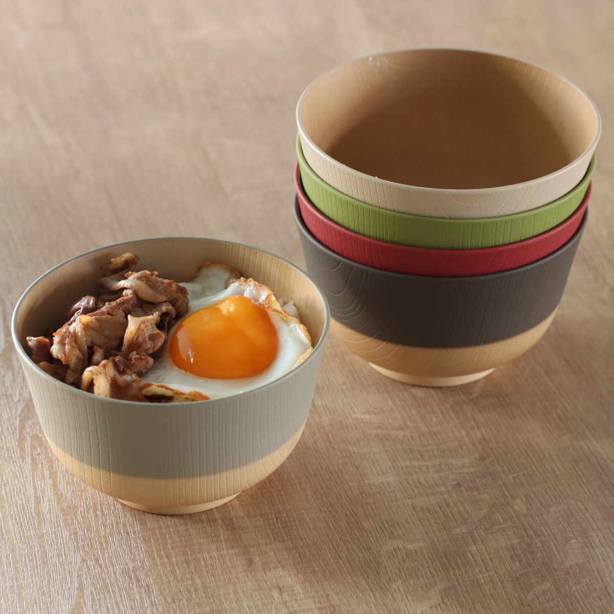茶碗 700ml やさしい彩り 抗菌 大椀 5個入 ( 日本製 電子レンジ対応 食洗機対応 丼ぶり 麺鉢 おしゃれ かわいい 抗菌加工 親子丼 うどん そば 木目調 軽い 割れにくい 子ども 介護 )