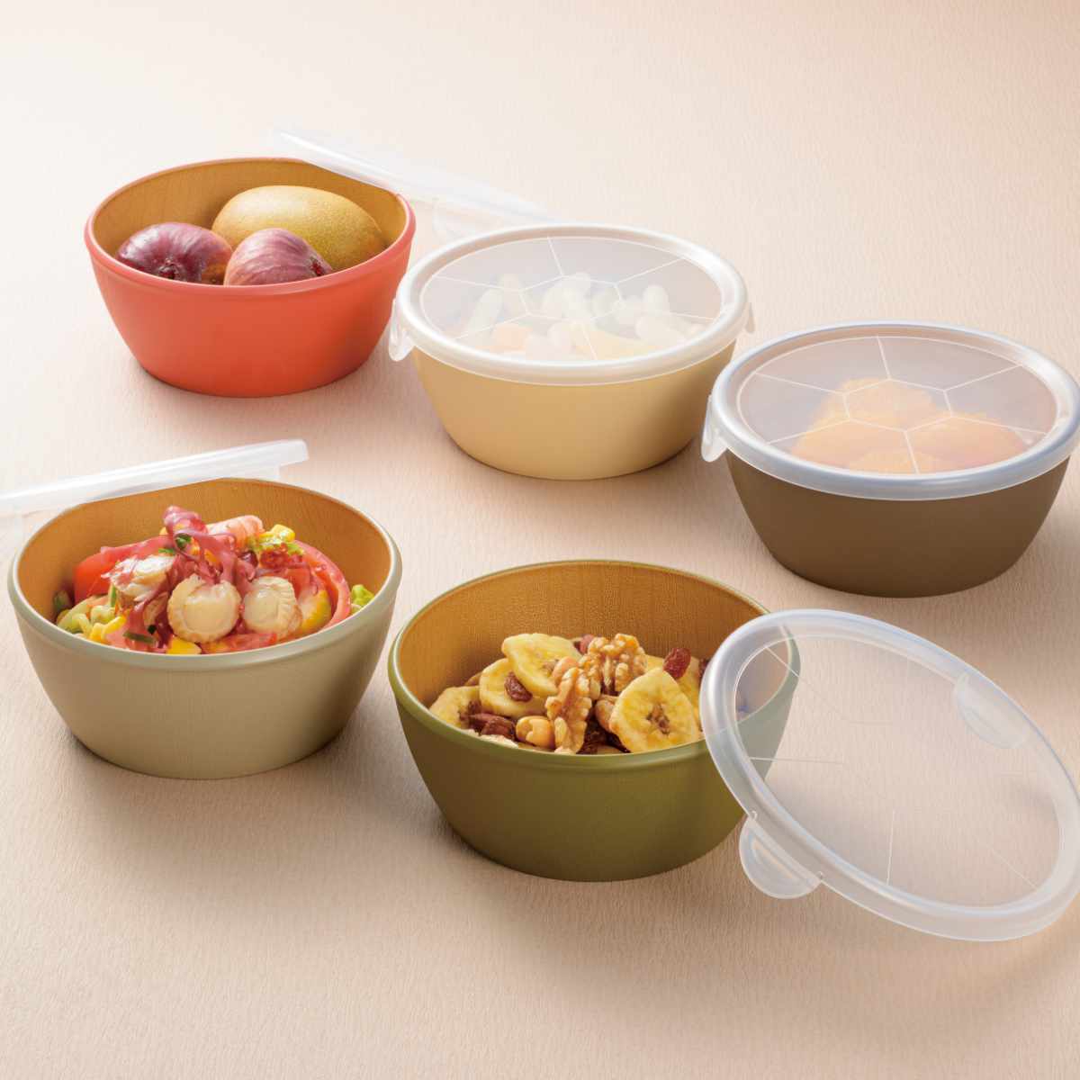 ボウル earth color ラップフリーボウル 3個入 ( BPAフリー 日本製 抗菌 電子レンジ対応 食洗機対応 ふた付き 保存容器 おしゃれ かわいい 軽い 割れにくい つくり置き 抗菌加工 アースカラー 木目調 )