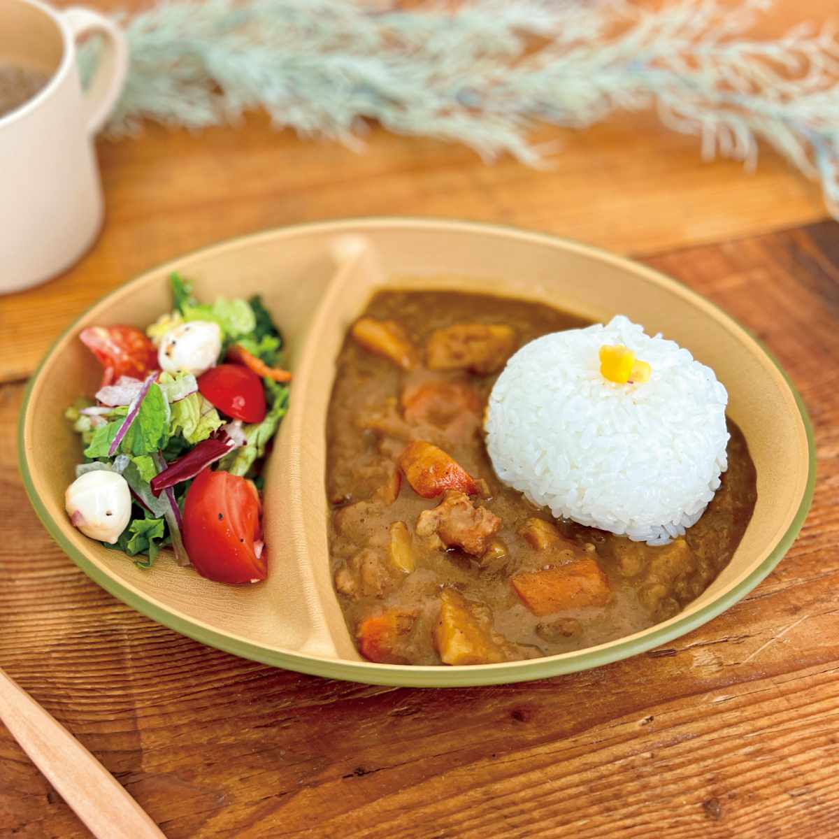 プレート カップ earth color ビストロセット 2個セット ( BPAフリー 日本製 抗菌 電子レンジ対応 食洗機対応 皿 お皿 器 うつわ 鉢 コップ おしゃれ かわいい スープカップ スープ 仕切り皿 ランチ皿 2つ仕切り 木目調 ) 【オリーブ】 オリーブ