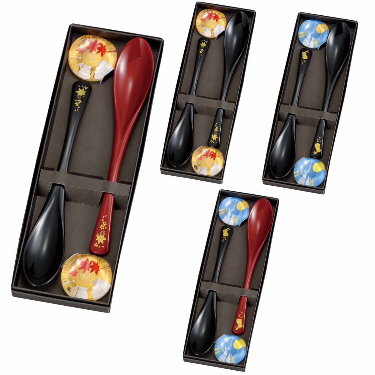 スプーン スプーンレスト 2点×2セット 春秋 ウサギ （ 日本製 カトラリー セット 和 マルチスプーン プラスチック カトラリーレスト おしゃれ 和柄 鯉 秋 うさぎ 国産 スリム ボックス入り 贈り物 父の日 母の日 箱入り ） 【ウサギ黒朱】