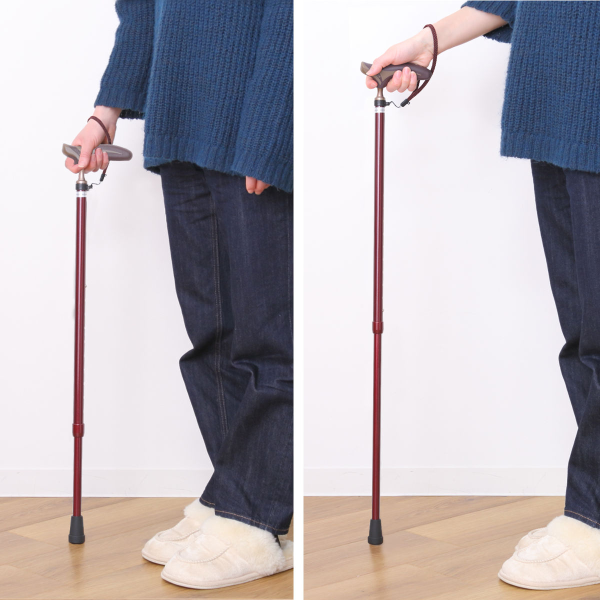 杖 伸縮タイプ 愛杖 抗菌グリップ アルミ 無地 ( つえ ツエ 伸縮杖 一点杖 伸縮 長さ調節 軽量 介護 歩行補助 高齢者 おしゃれ 介護用品 SGマーク 10段階調節 歩行 補助 リハビリ 衝撃吸収 転倒防止 ストラップ付き ) 【レッド】 レッド