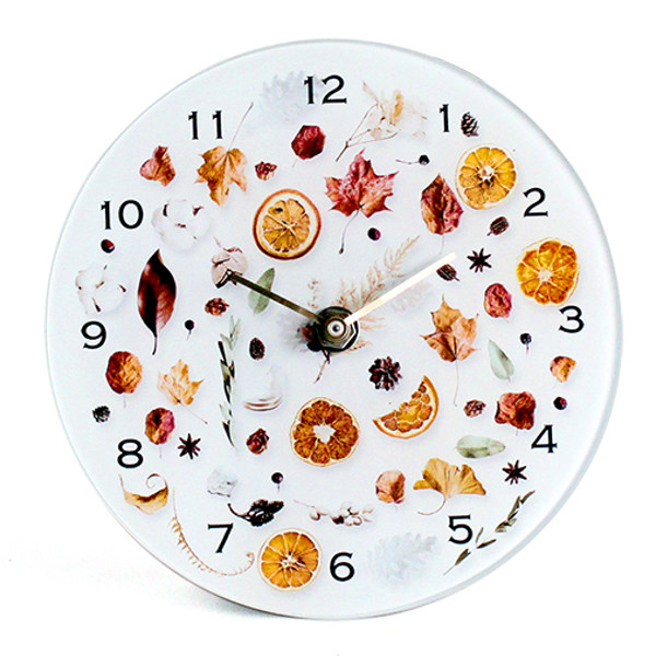 置時計 ブルームガラス オレンジ アナログ 北欧 時計 （ 置き時計 とけい テーブルクロック クロック インテリア 雑貨 ガラス 木の実 葉っぱ  ドライオレンジ 二針式 リビング ダイニング おしゃれ ナチュラル ）