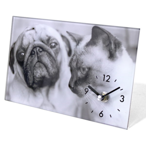 置き時計 ガラスアートピクチャー ドッグアンドキャット 時計 アナログ