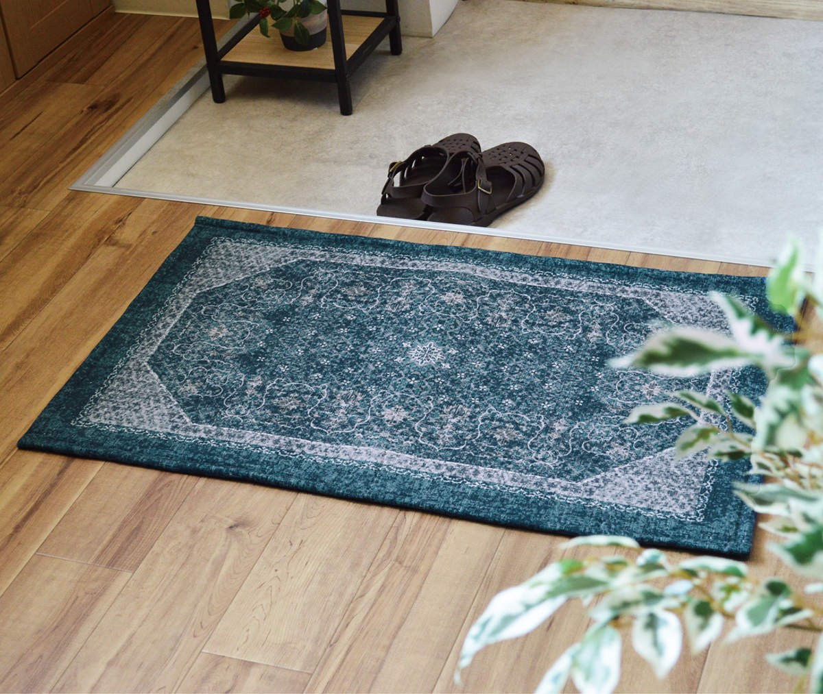 玄関マット 50×80 cm エルヴァン インテリアマット 室内 すべり止め付き ( 滑り止め ズレにくい 玄関 屋内 マット エントランスマット 室内用玄関マット 寝室 ベッド横 室内用 長方形 おしゃれ ヴィンテージ 抗菌 防臭 すべり止め ) 【ブルー】 ブルー