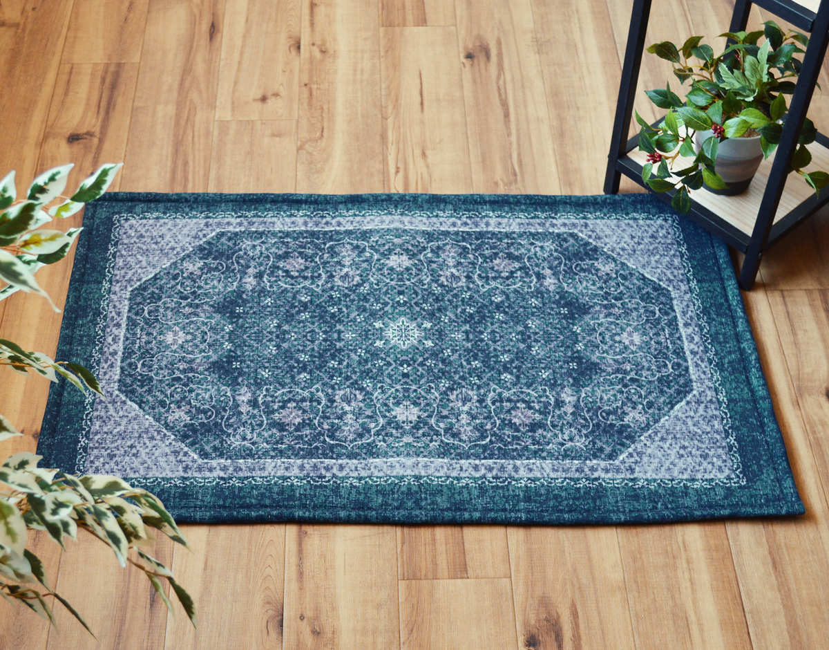 玄関マット 50×80 cm エルヴァン インテリアマット 室内 すべり止め付き ( 滑り止め ズレにくい 玄関 屋内 マット エントランスマット 室内用玄関マット 寝室 ベッド横 室内用 長方形 おしゃれ ヴィンテージ 抗菌 防臭 すべり止め ) 【ブルー】 ブルー