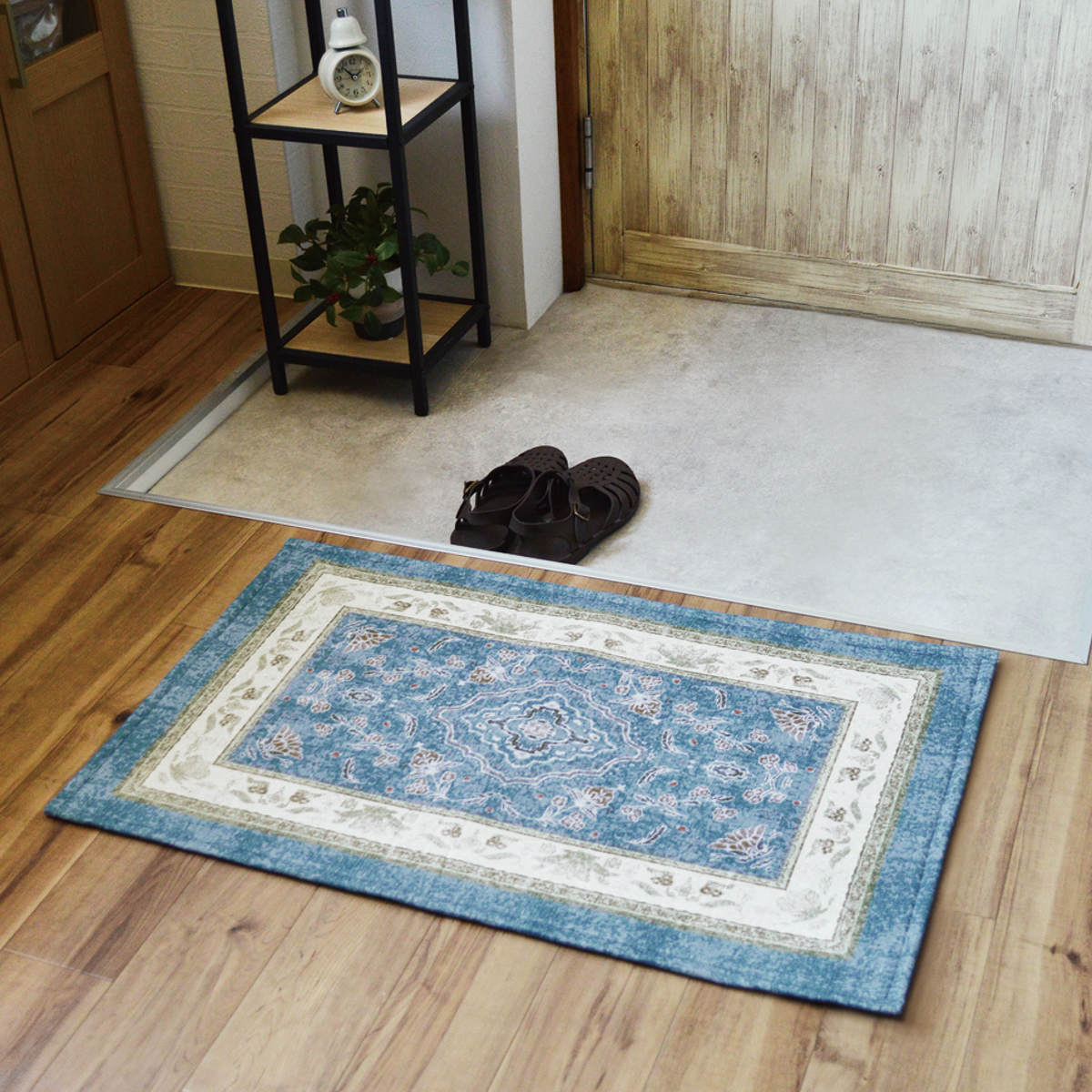 玄関マット 50×80 cm エルヴァン インテリアマット 室内 すべり止め付き ( 滑り止め ズレにくい 玄関 屋内 マット エントランスマット 室内用玄関マット 寝室 ベッド横 室内用 長方形 おしゃれ ヴィンテージ 抗菌 防臭 すべり止め ) 【ブルー】 ブルー